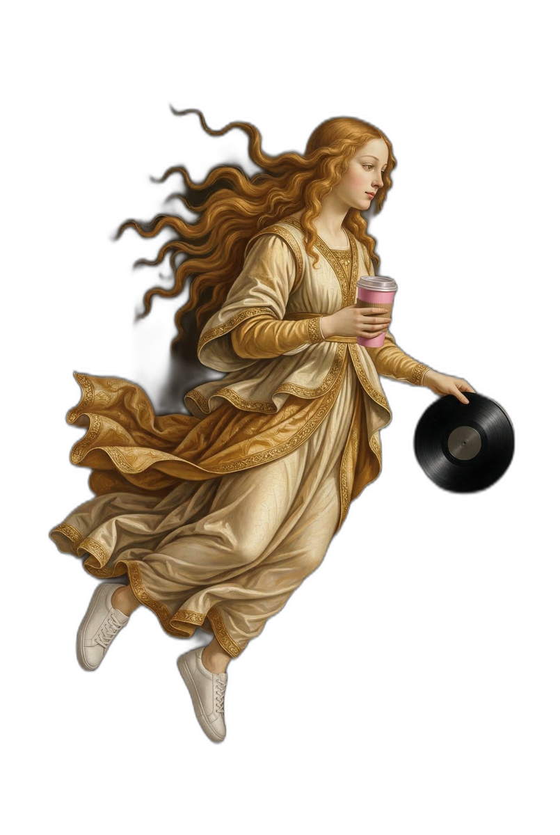Renaissance woman holding vinyl record and coffee