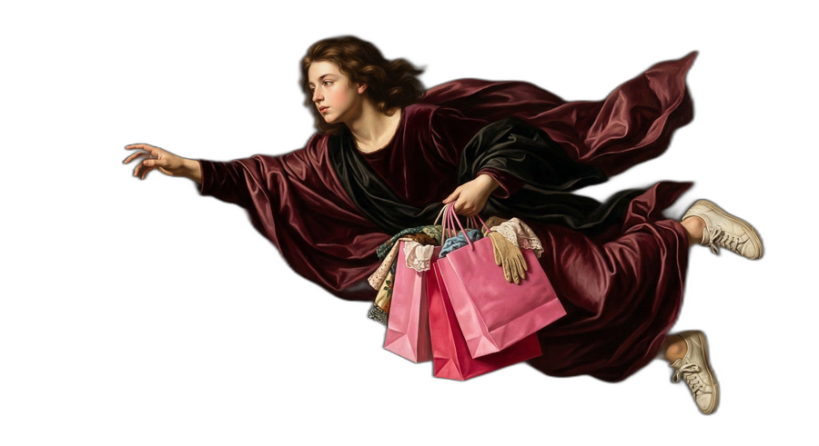 Renaissance figure with shopping bags and sneakers